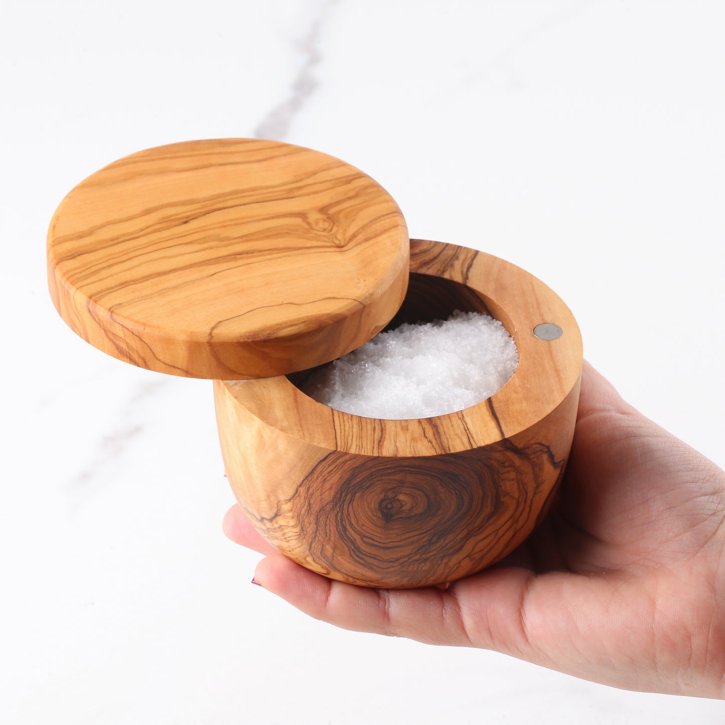 Handmade Olive Wood Salt Cellar with Magnetic Lid