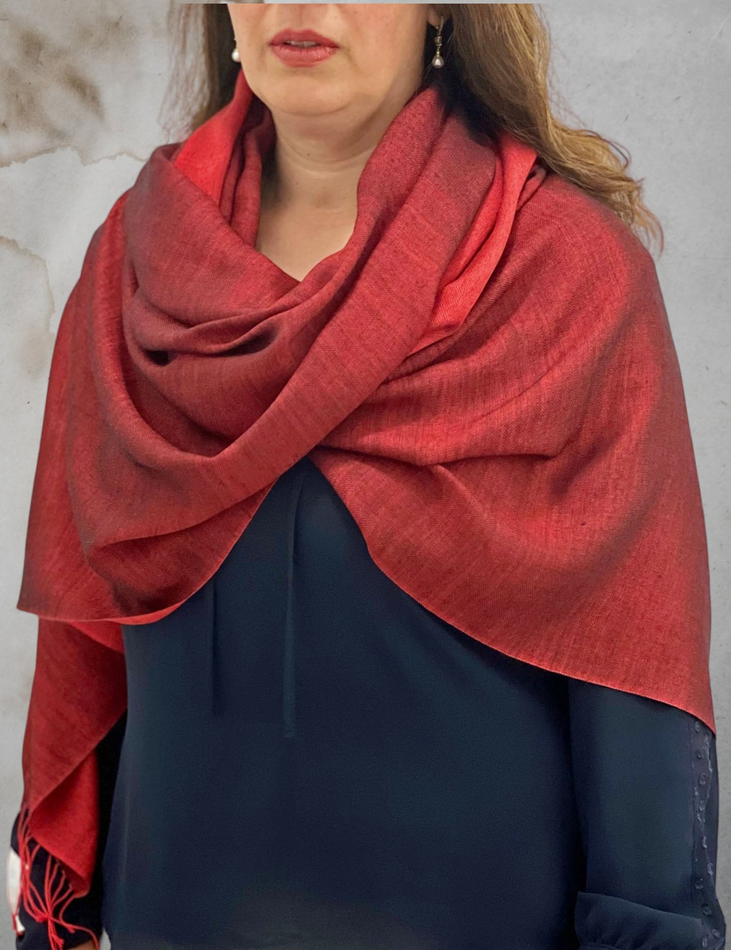 Red & Black Two Tone Wool And Silk Blend Scarf