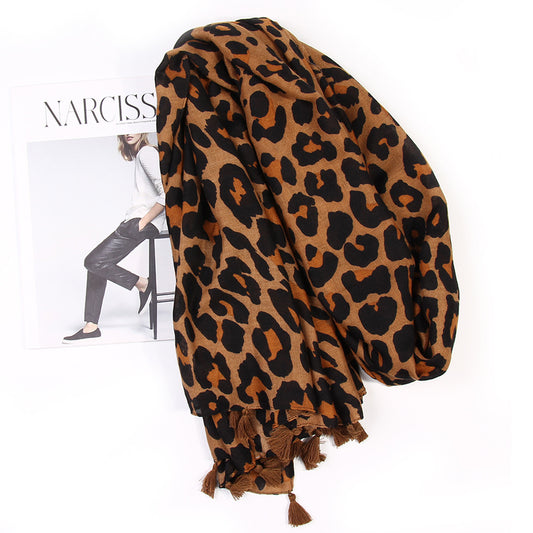 Ladies Leopard Print Scarf with Tassels