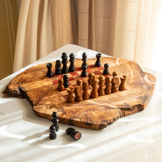 Olive Wood Chess Set with a Rustic Wobbly Board and Red Squares