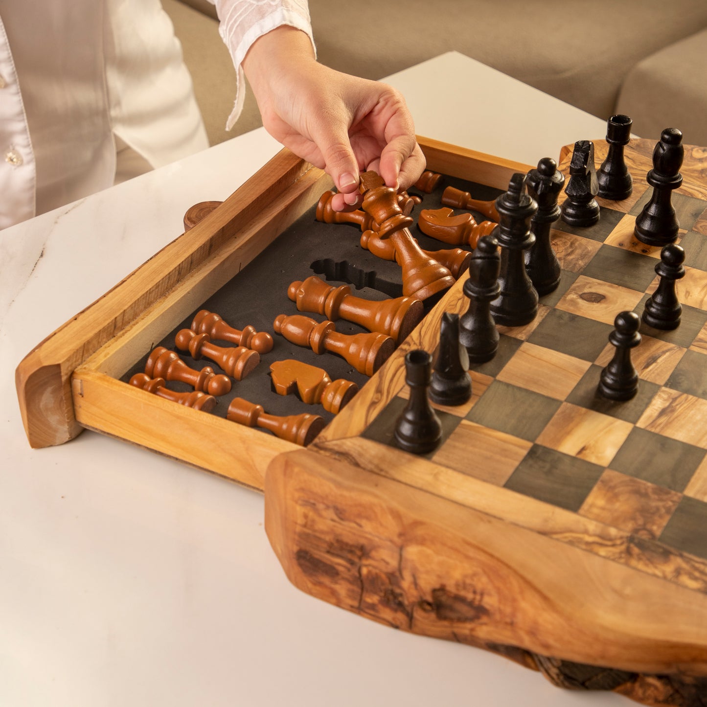 Handmade Olive Wood Chess Set with One Large Rustic Drawer
