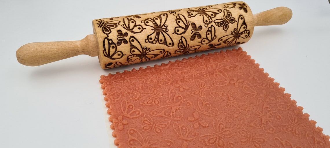 Engraved Rolling Pin Natural Wood Folk Kitchen Handmade - Butterflies