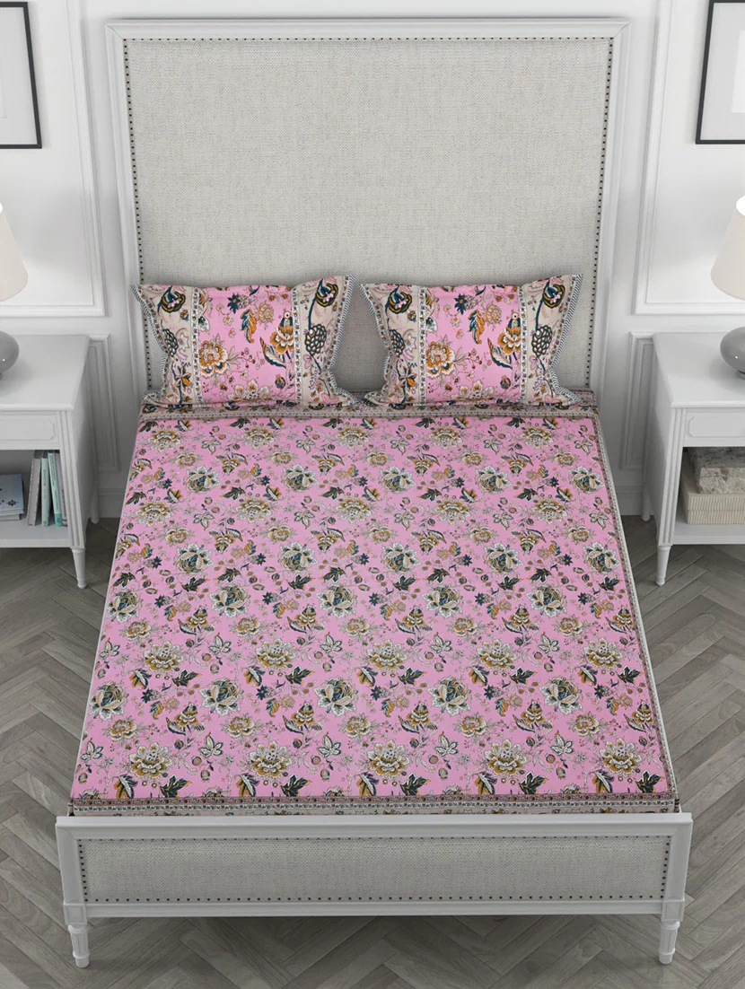 Fitted Printed Double Bedsheets With 2 Pillow Covers