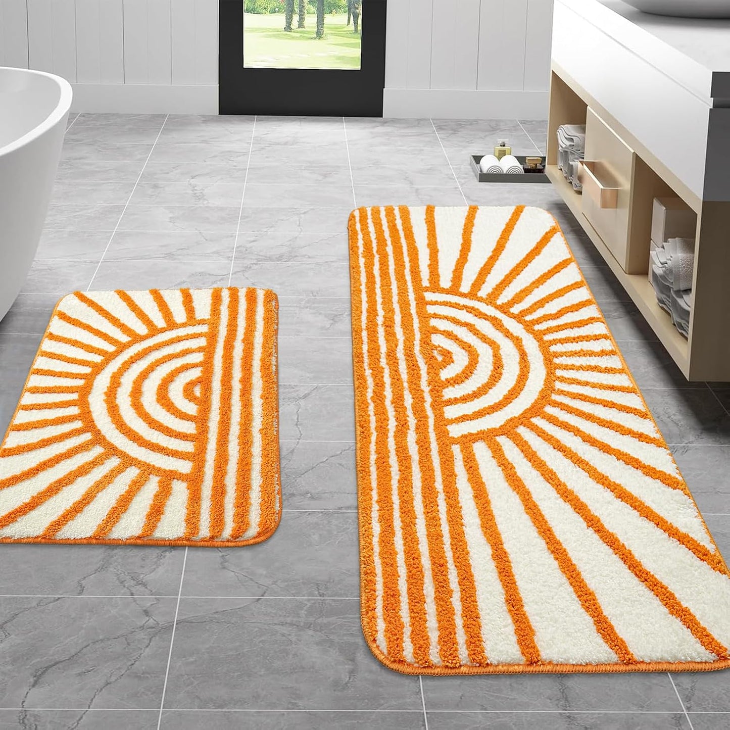 Bathroom Rugs Sets 2 Piece, Orange Sun