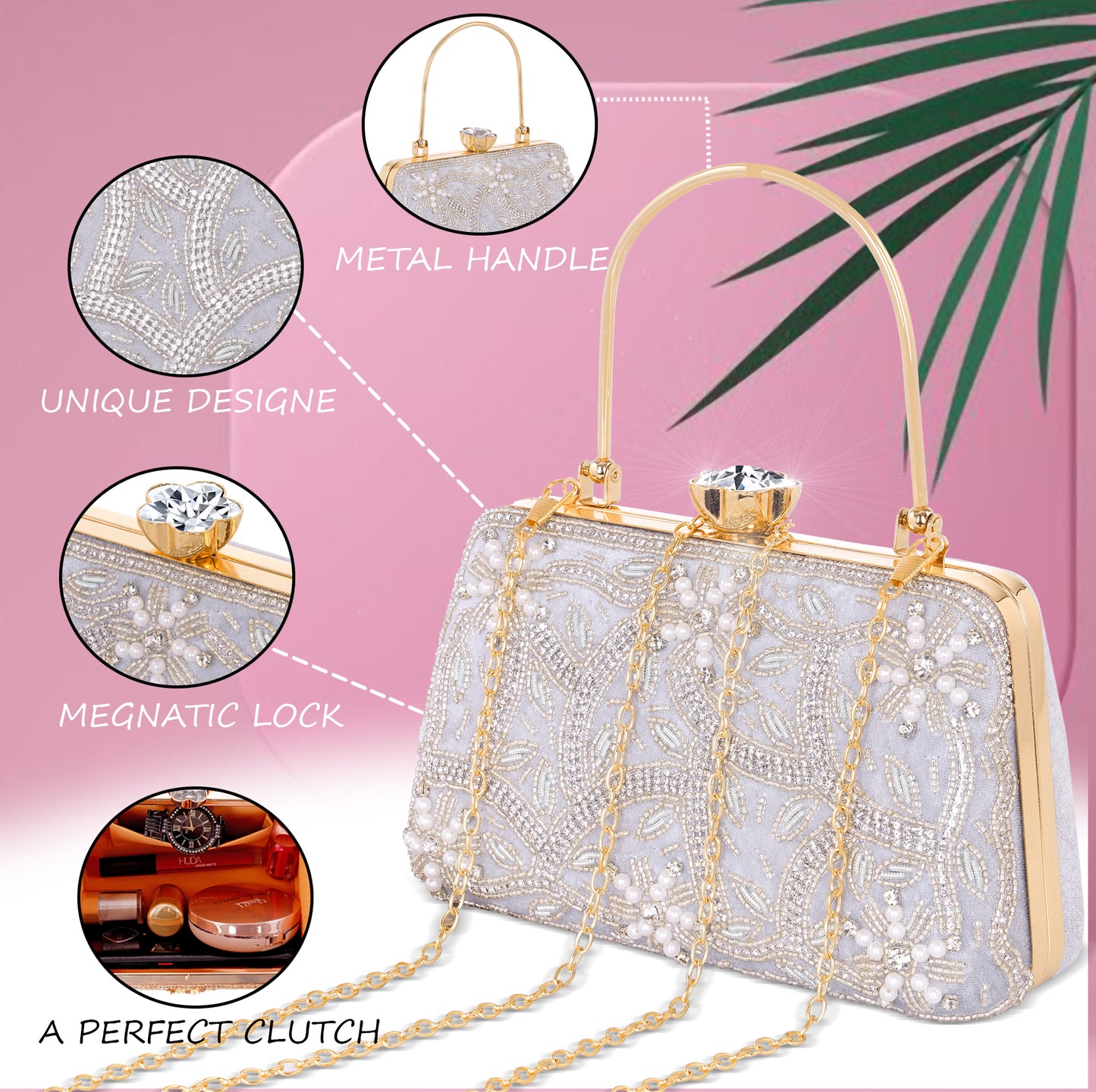 A.E Emboried Wedding Beautiful Silver Clutch | Wedding Clutch Bag with