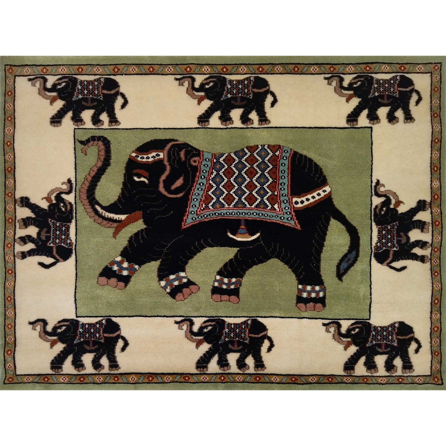 4ftx3ft Hand Knotted Elephant Carpet Green