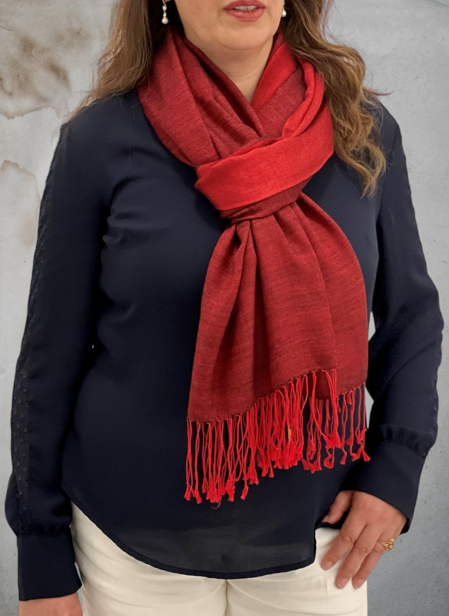 Red & Black Two Tone Wool And Silk Blend Scarf
