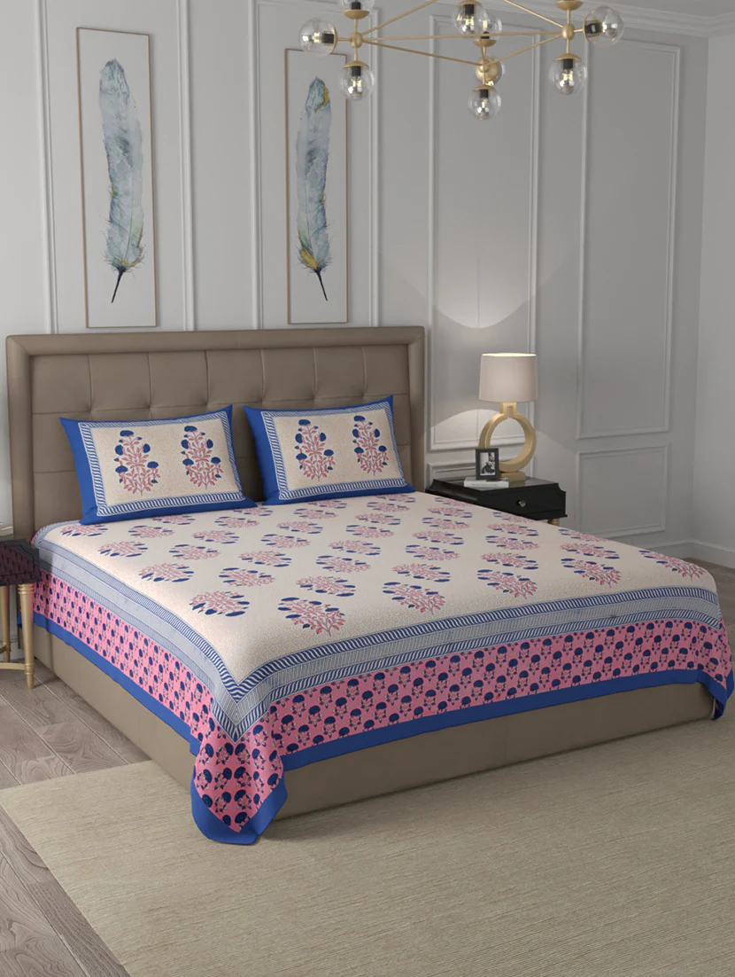 Pink Cotton Printed King Size Bedsheet