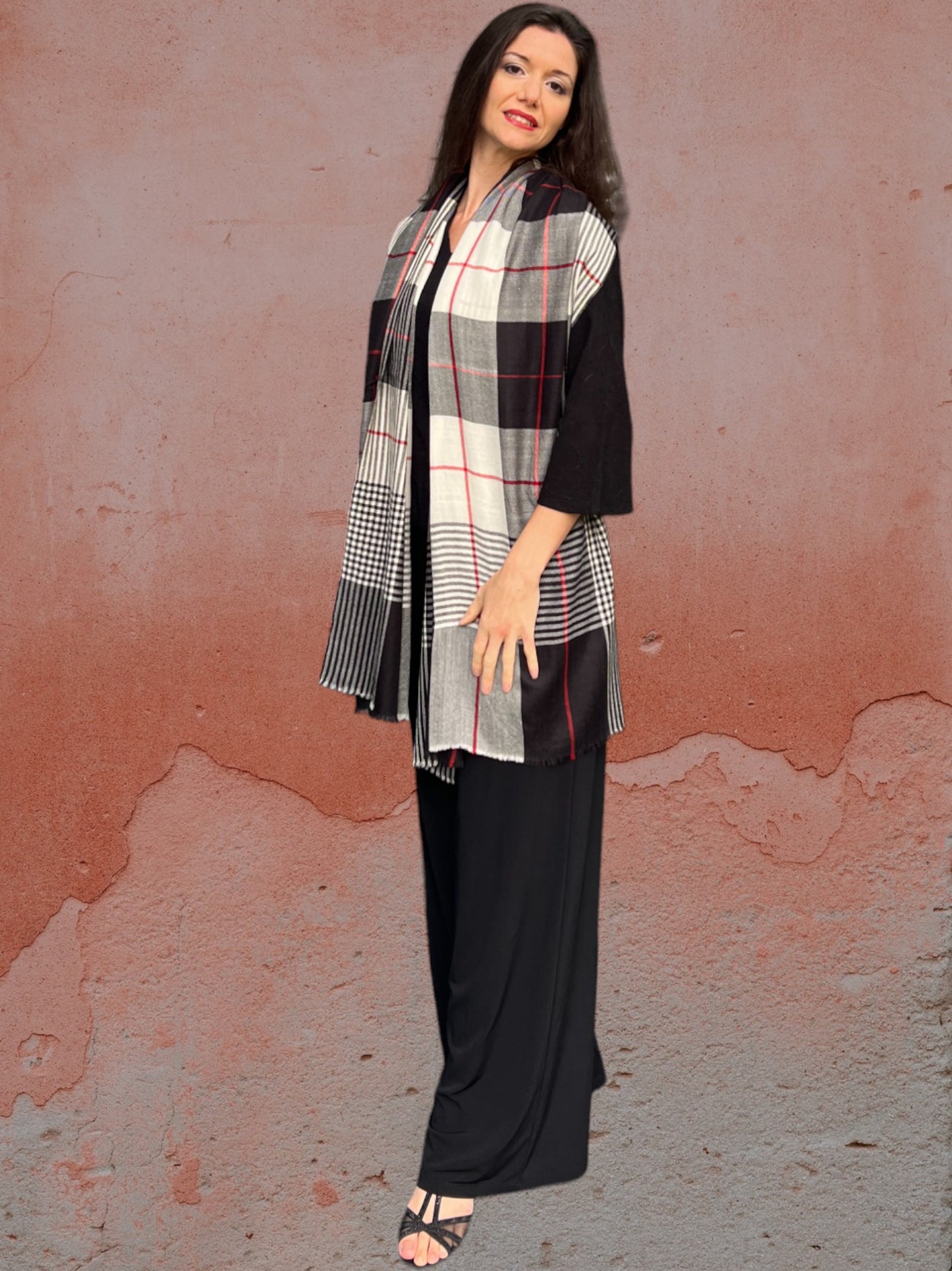 Hand Loomed Black Wool And Silk Check Scarf