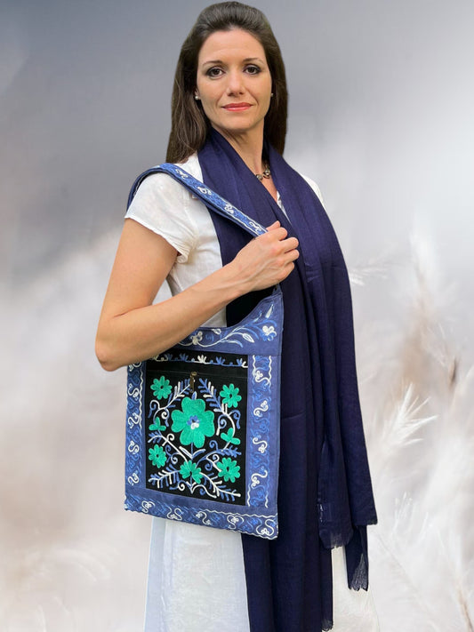 Handmade Black And Blue Suede Embroidered Llama Bag