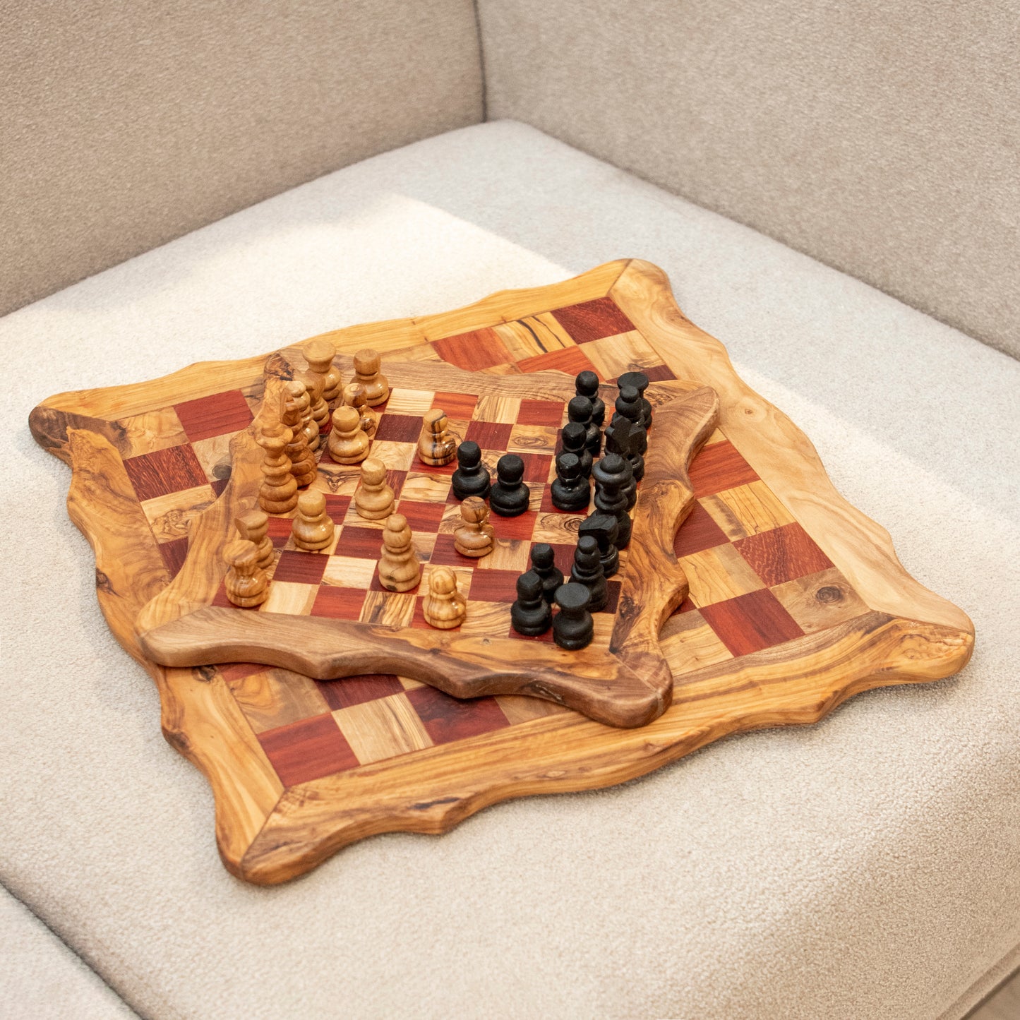 Olive Wood Chess Set with Square Wavy Board and Red Squares