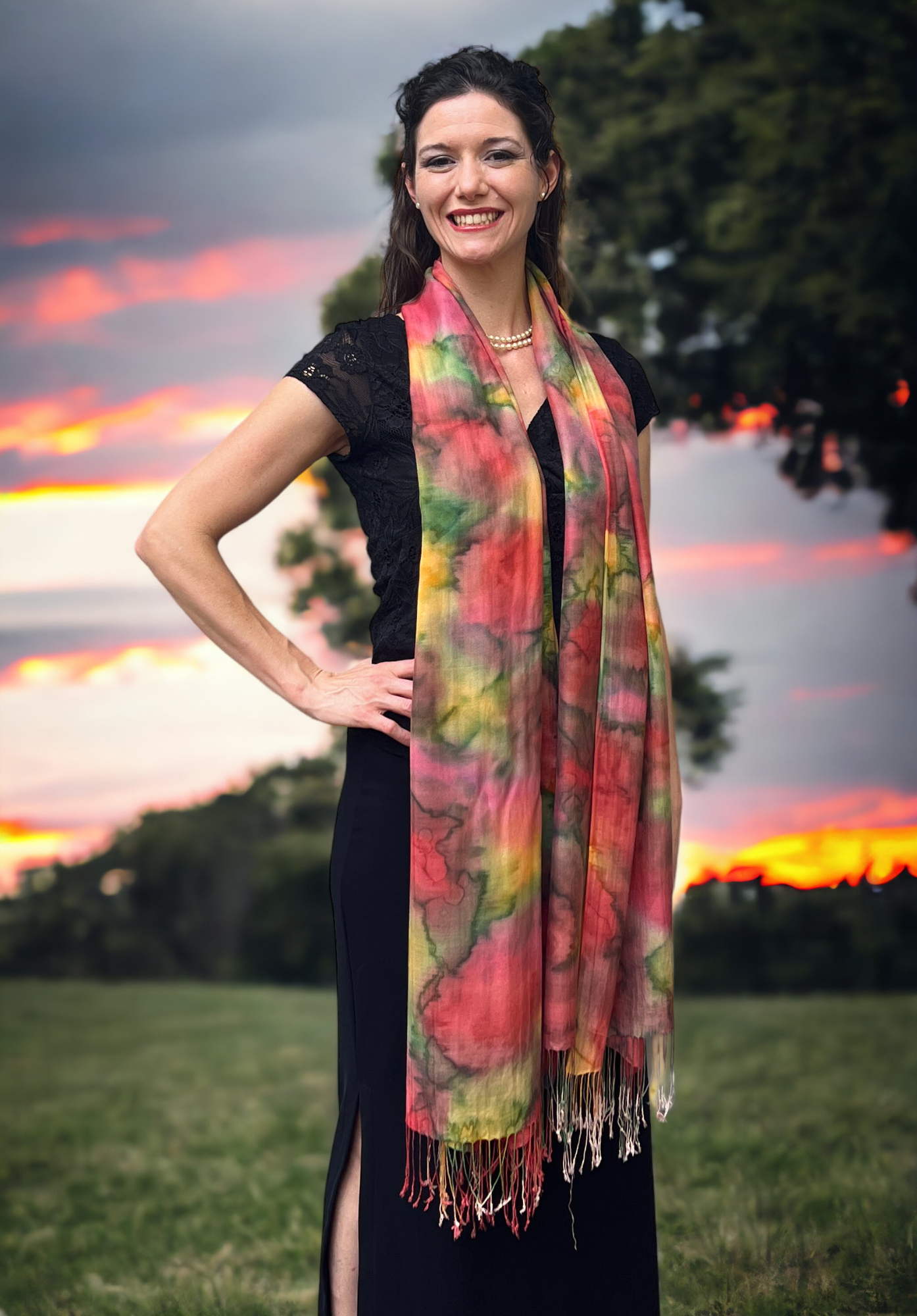Red, Yellow, Green Modal Silk Hand Painted Watercolor Scarf