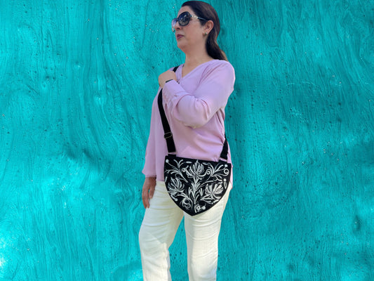 Handmade Black and White Suede Embroidered Heart Shaped Bag