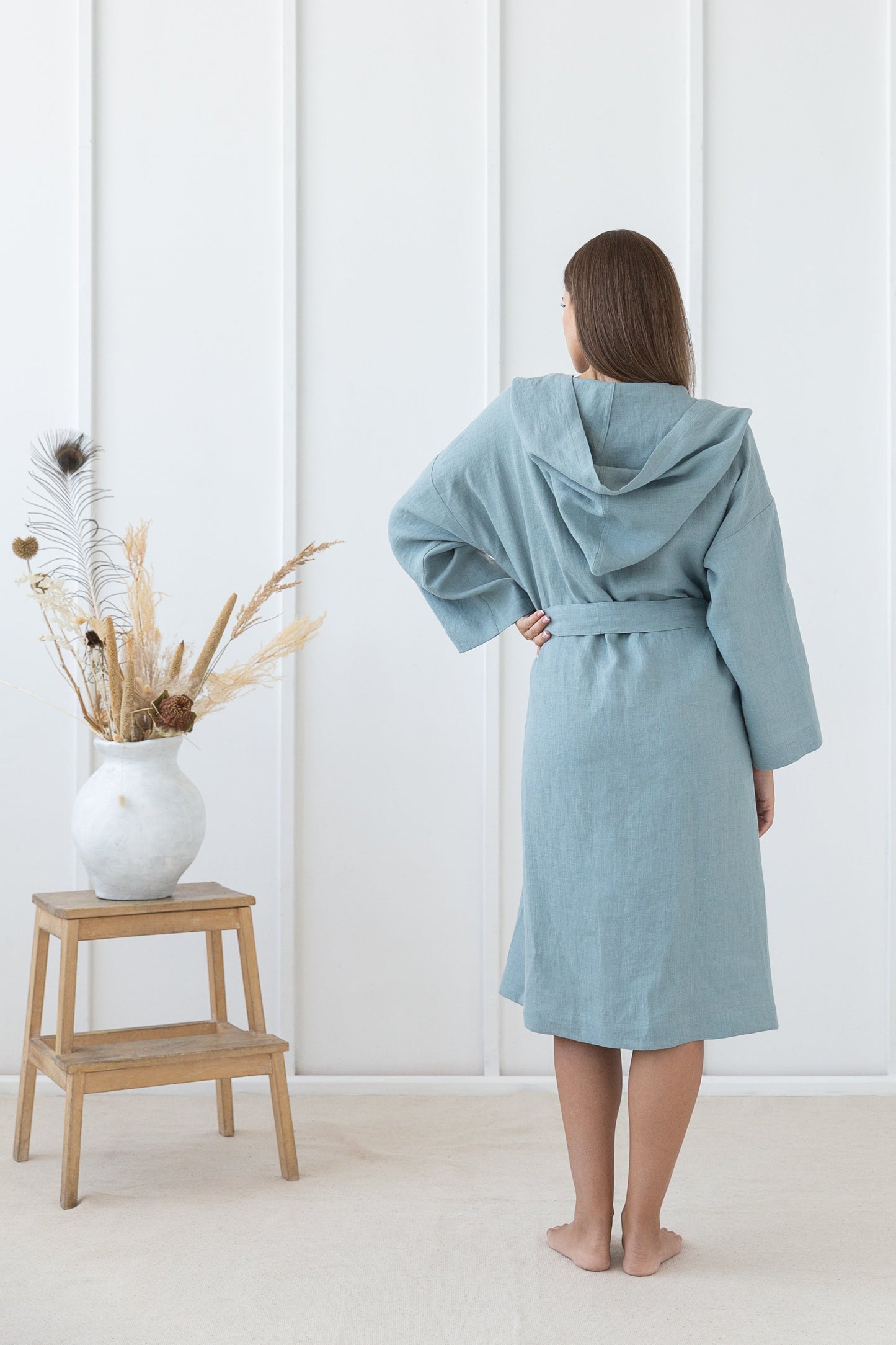 Greyish Mint linen robe with hoodie