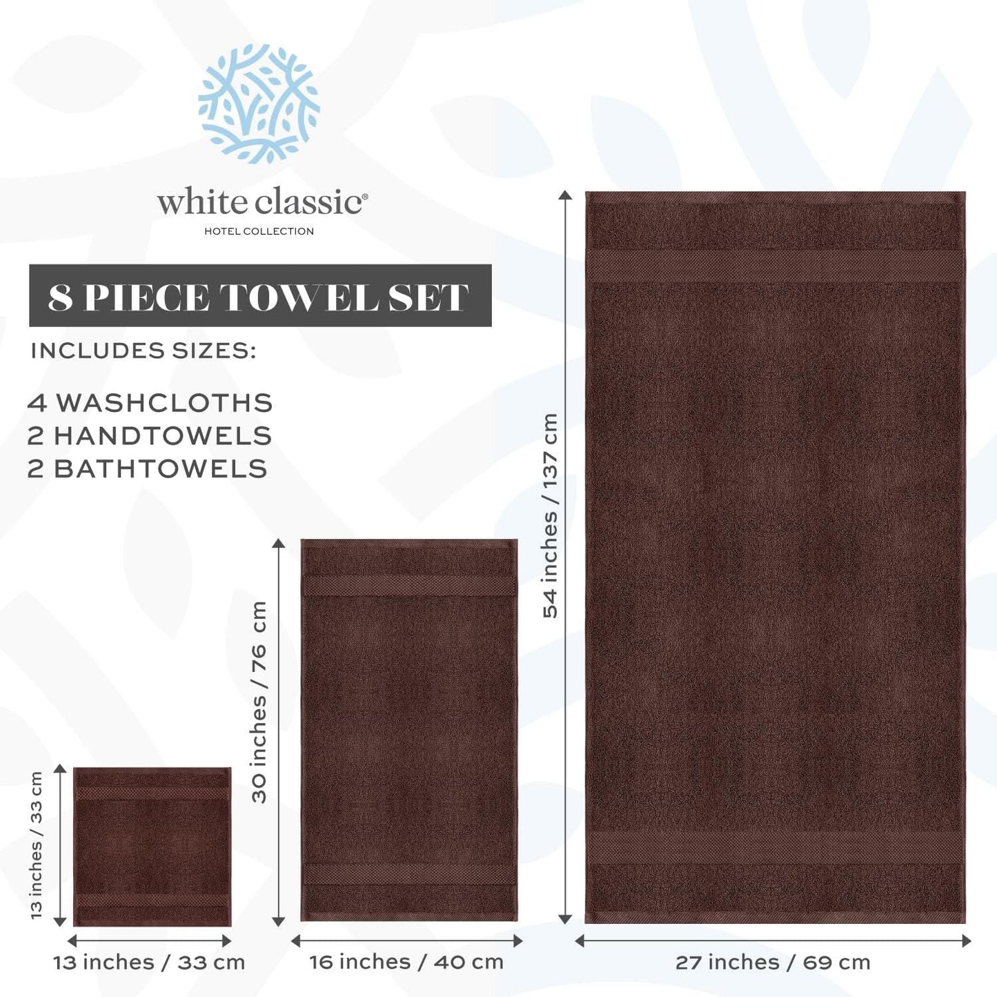 Luxury Brown Bath Towel 8 Piece Set Combed Cotton Hotel Quality