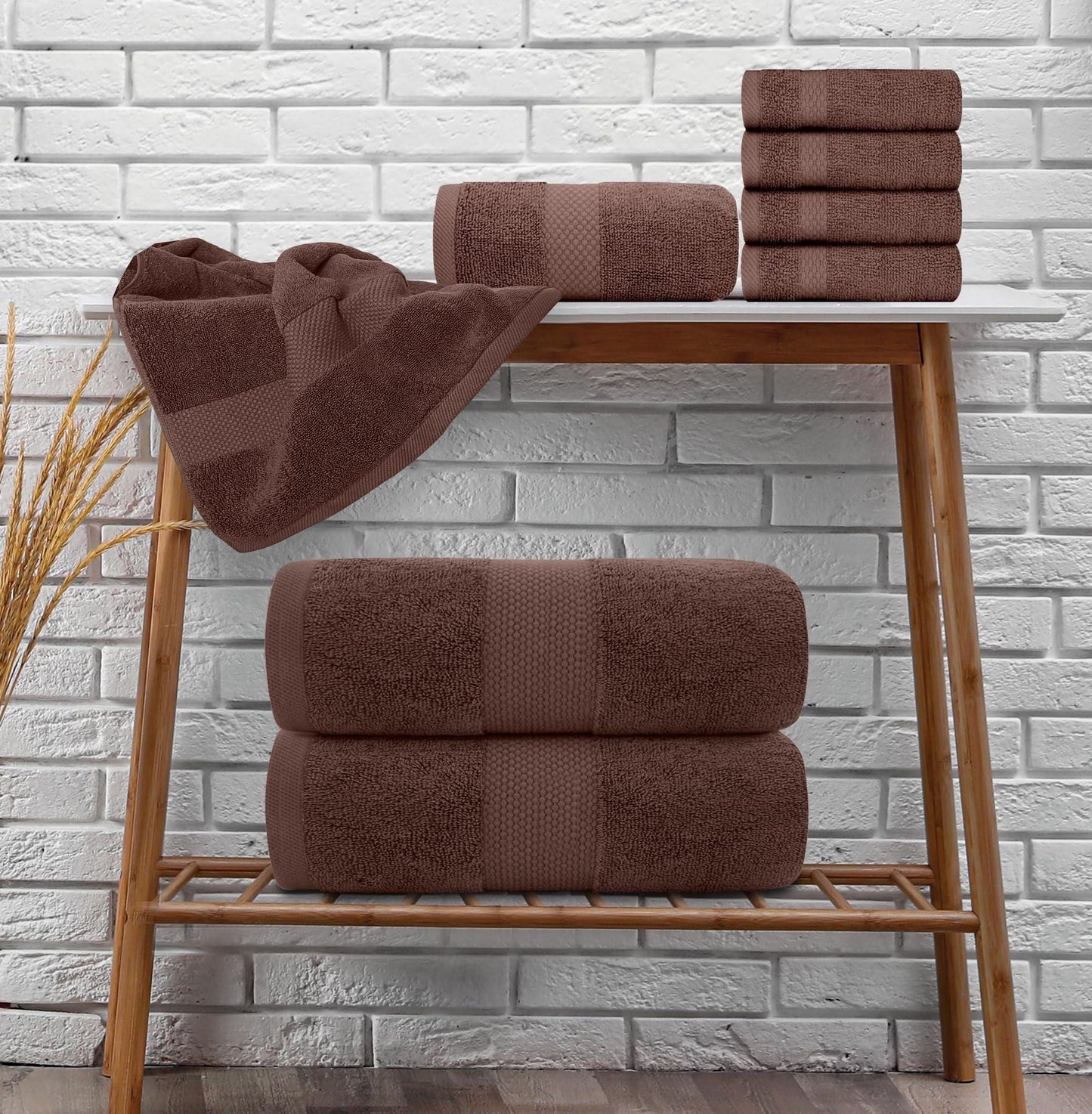 Luxury Brown Bath Towel 8 Piece Set Combed Cotton Hotel Quality