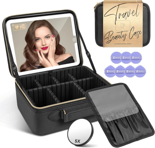 Travel Makeup Bag With LED Mirror,Train Case with Light up Mirror,