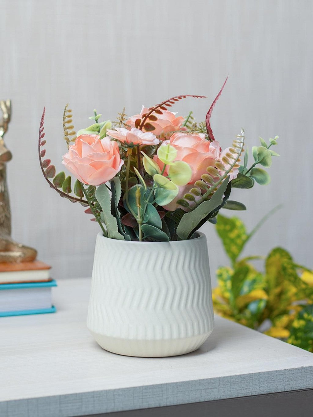 Pink Rose Fake Flowers With Ivory Pot