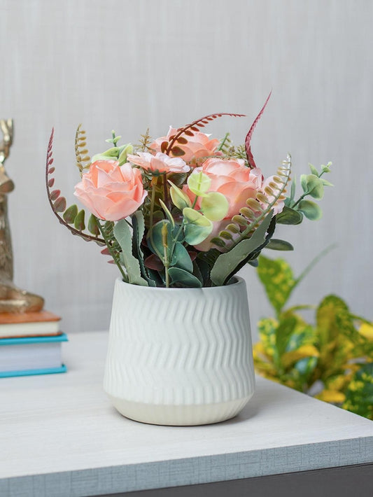 Pink Rose Fake Flowers With Ivory Pot