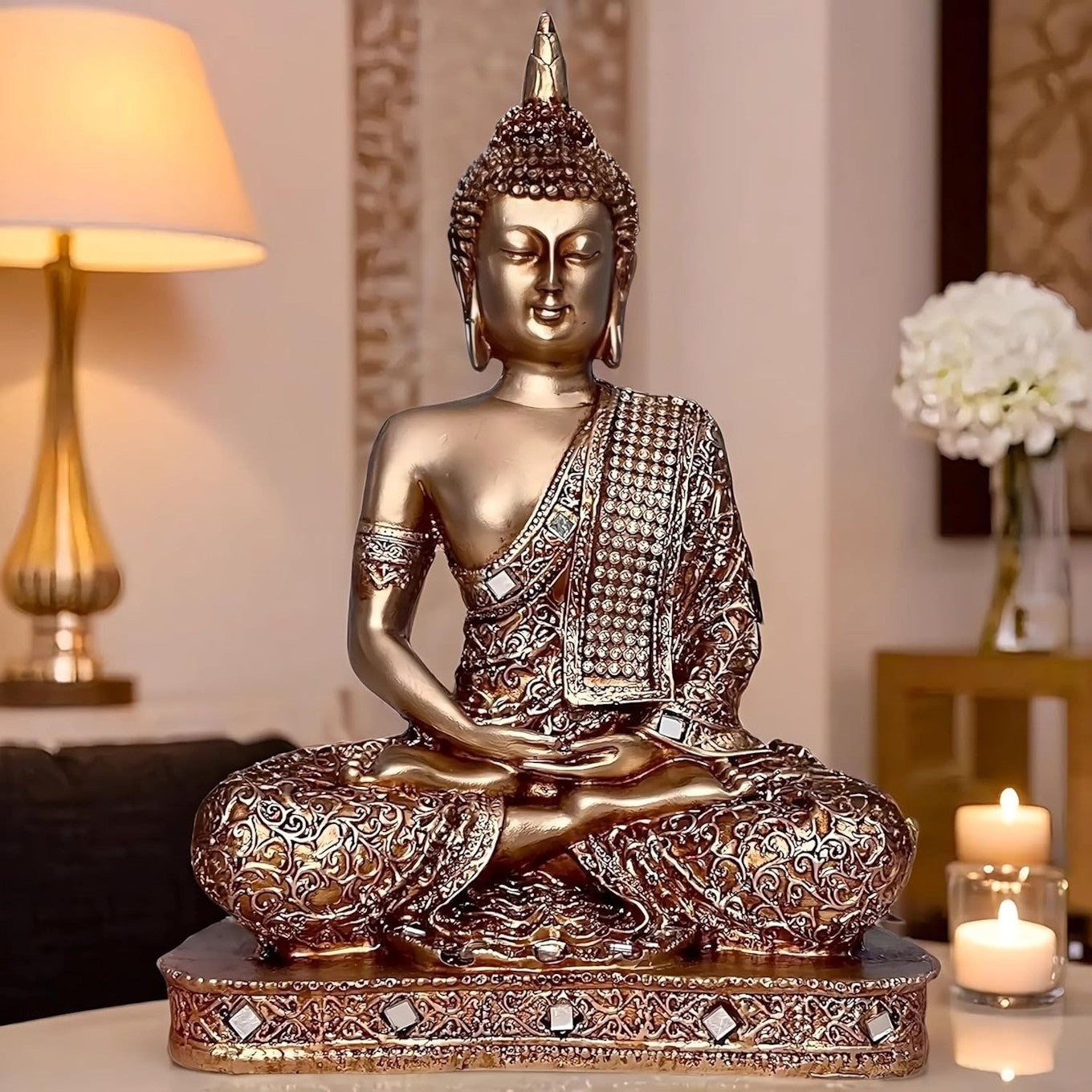 Golden Decorative Meditating Buddha Idol for Home, Office, and