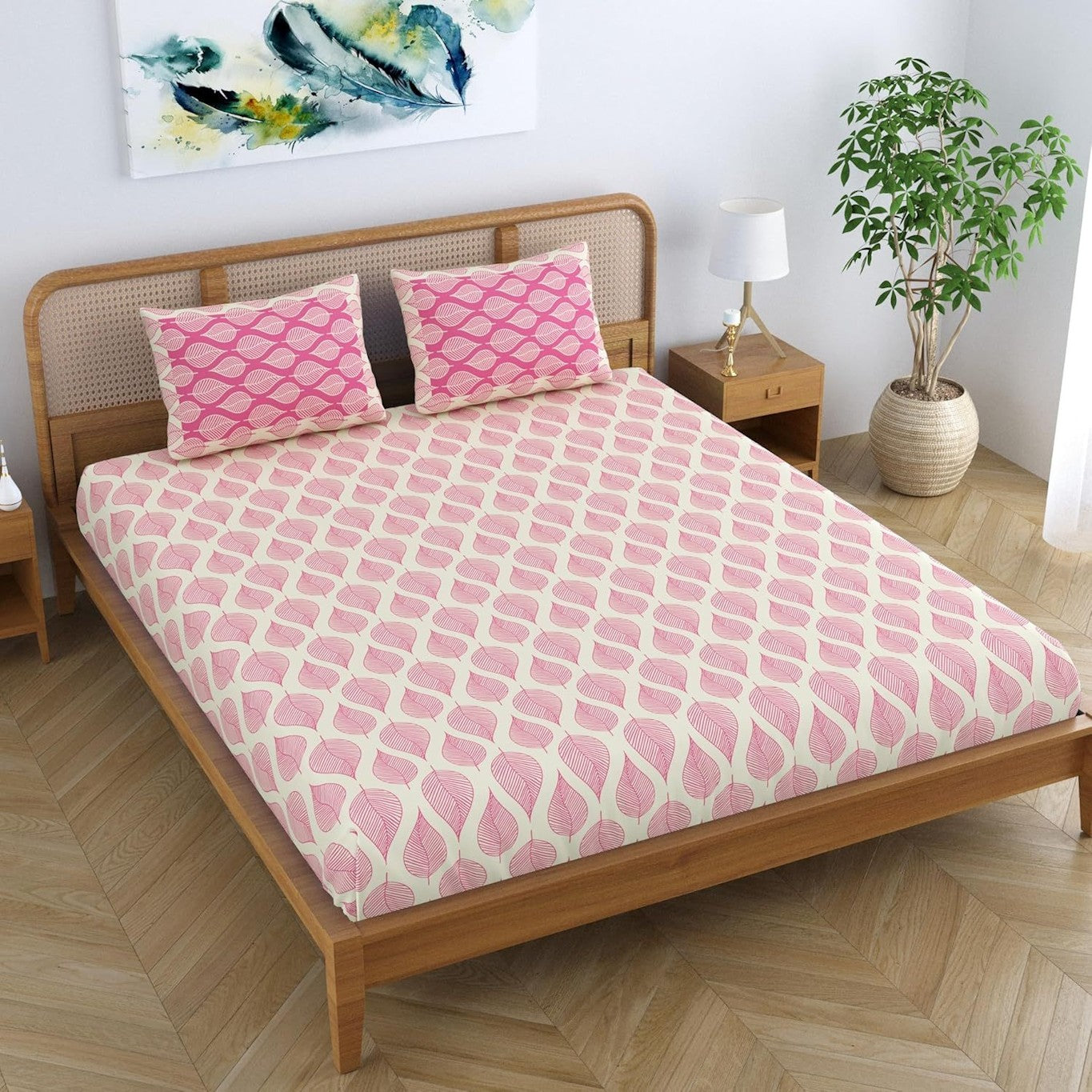 Pure Cotton Aspen Leaves Printed Elegant Jaipuri Bedsheet for Double