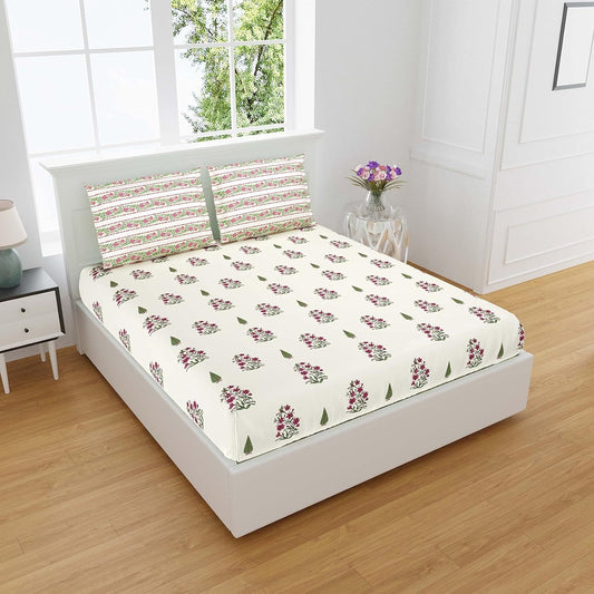 Cotton Blend Floral Motif Printed Jaipuri Bedsheet for Double Bed King