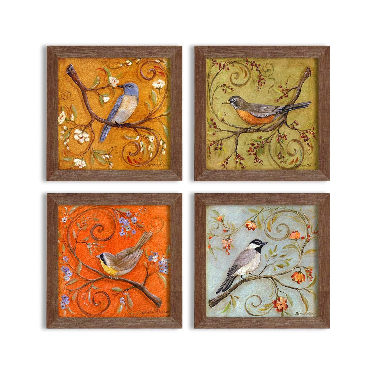 Multicolor Jardine Birds Set of 4 Brown Framed Painting,UV Textured