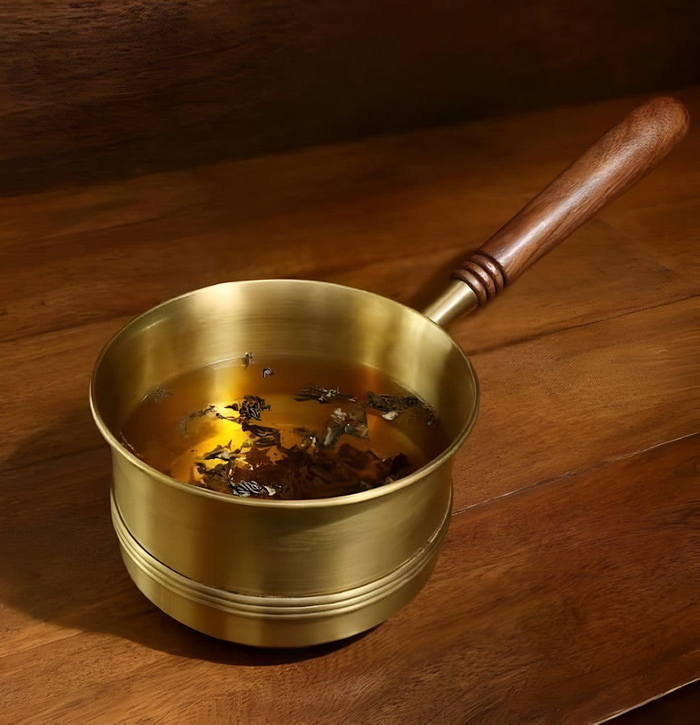 Handcrafted Brass Tea Pan with Wooden Handle  Size 18X18X15 CM  Color