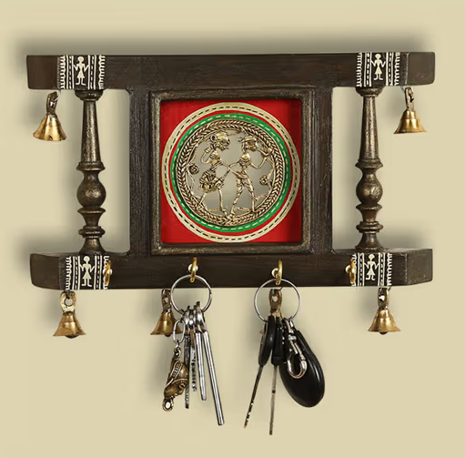 Brass People On Teak Wood' Warli Hand-Painted Key Holder With Dhokra