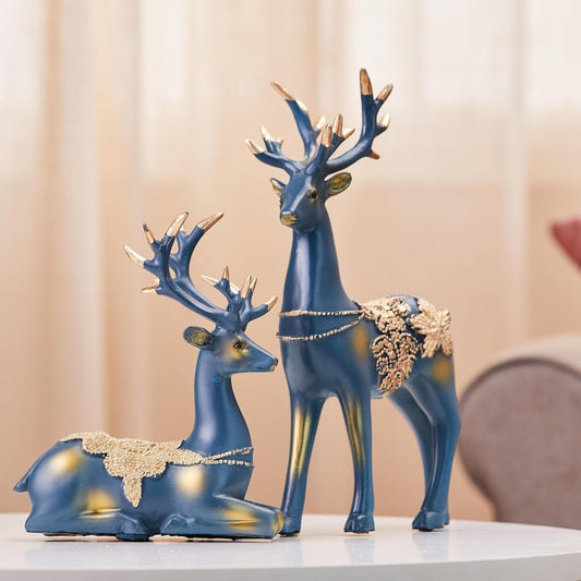Elegant Blue & Gold Reindeer Figurine Set for Home Decor