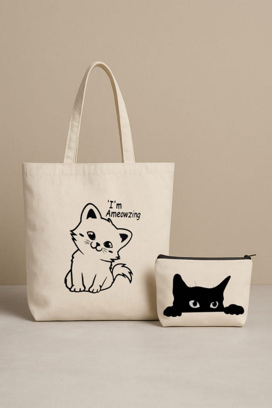 ALYONA “I’m Ameowzing” Canvas Tote Bag with Matching Black Cat Zipper