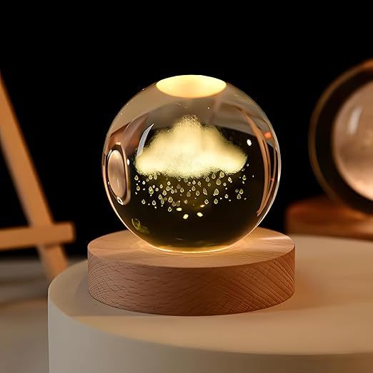 3D Cloud Rain Crystal Ball Night Lamp,Creative Engraved Night Light,