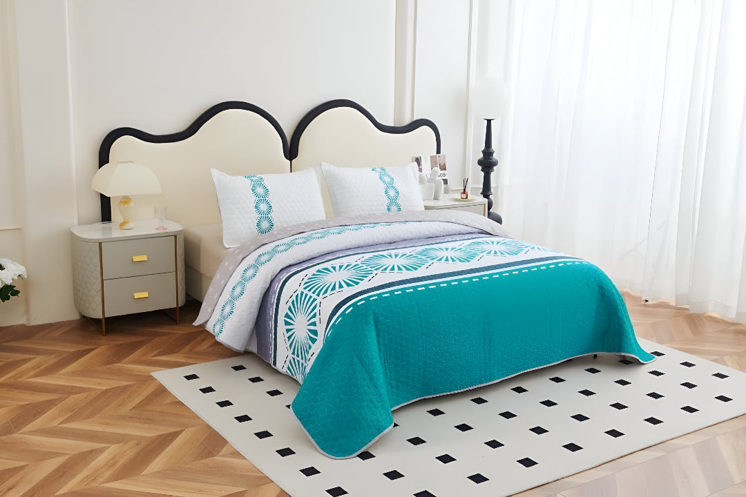 NESTLOOM 3 Pc Printed Bedcover With Bedsheet and Pillow Cover-Ice Blue