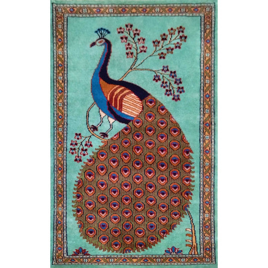 2.5×4 Ft Hand Knotted Peacock Wool Carpet (Turquoise)