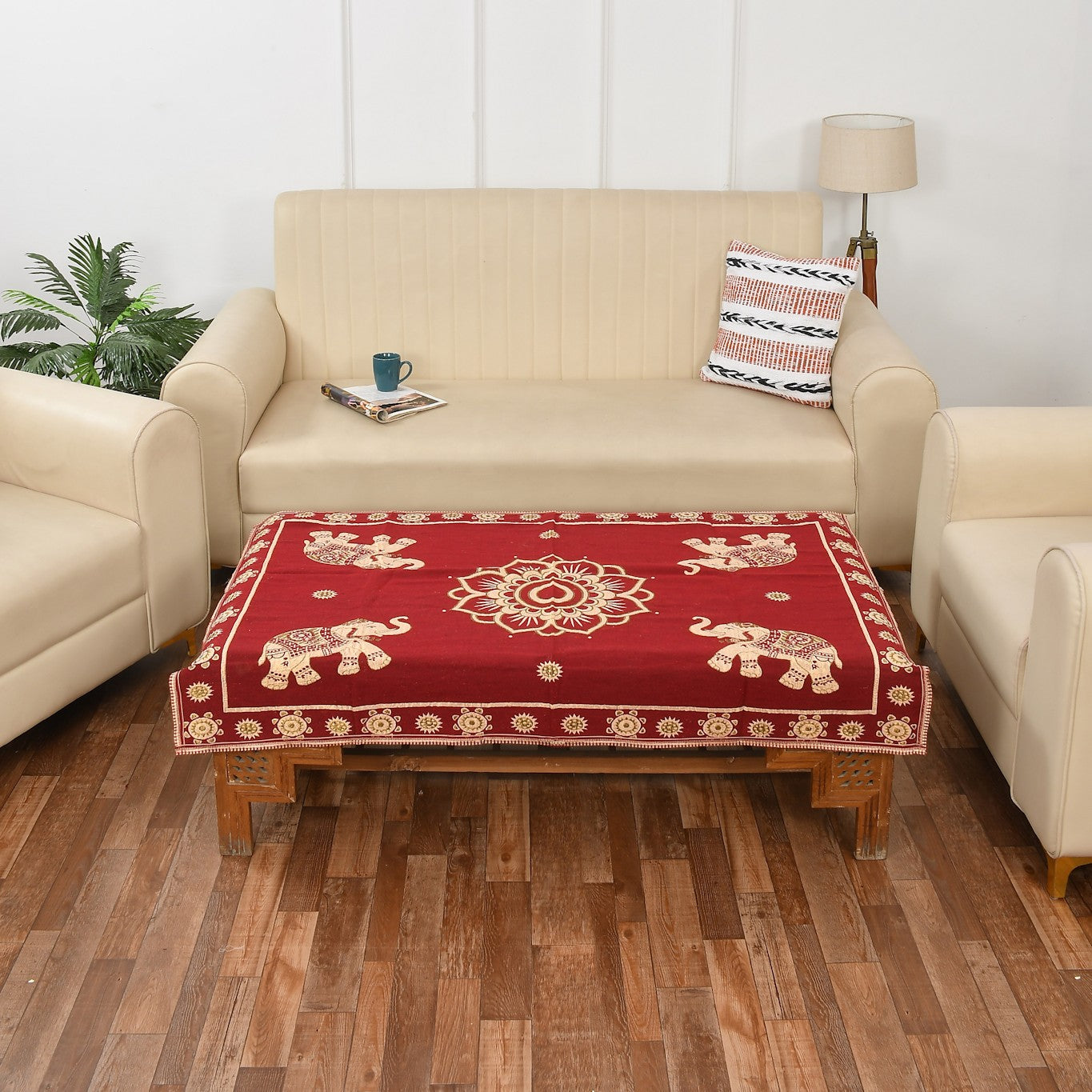Luxurious Attractive Elephant Self Design Cotton 4 Seater Center Table