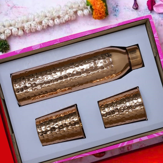 Pure Copper Water Bottle with Glass Set