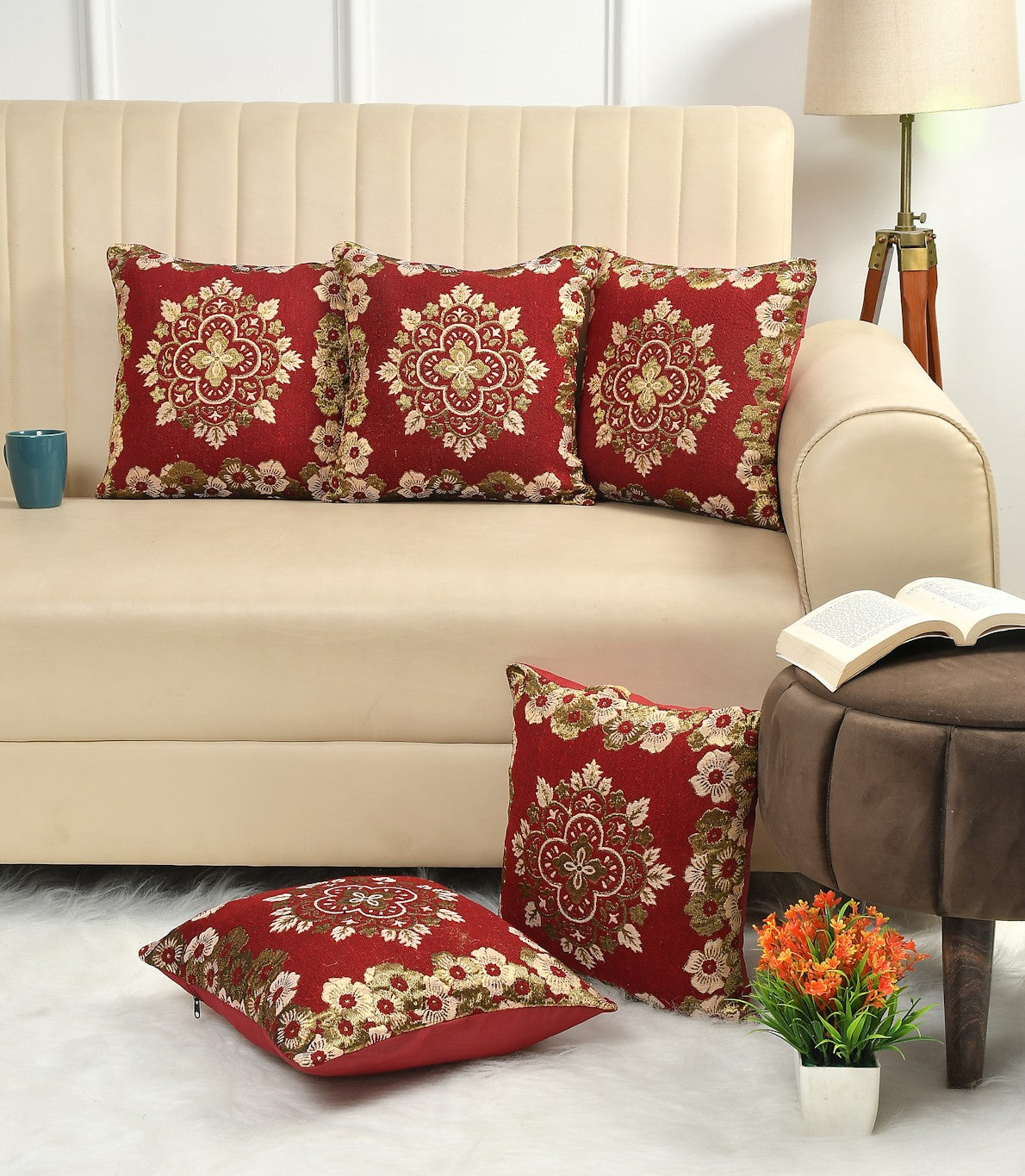 Floral Cushions & Pillows Cover (Size-40x40cm) (Color-RED)