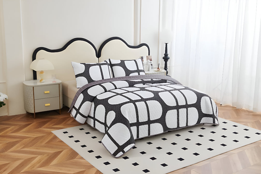 NESTLOOM 3 Pc Printed Bedcover With Bedsheet and Pillow Cover-Black