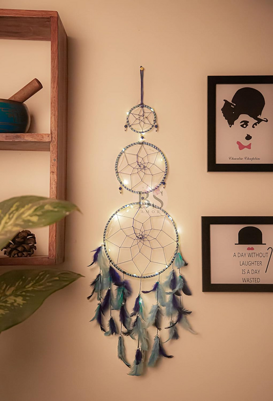 Dream Catcher with Lights, Wall Hangings, Blue Pastel Green Feathers