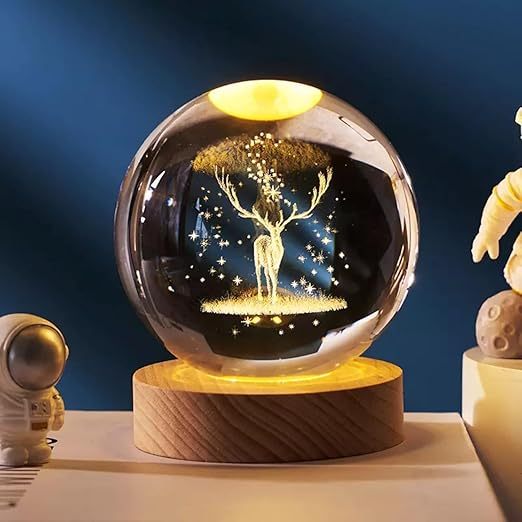 3D Engraved Deer Crystal Globe Lamp | USB LED Night Light with Wooden