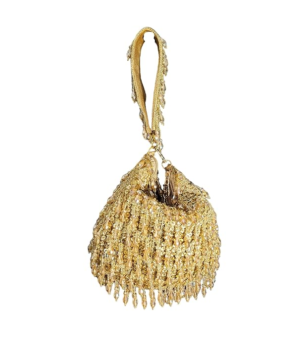 Ladies/Women Gold Nakaa Tikki Beaded Tassel Fringes Bridal Potly Bag