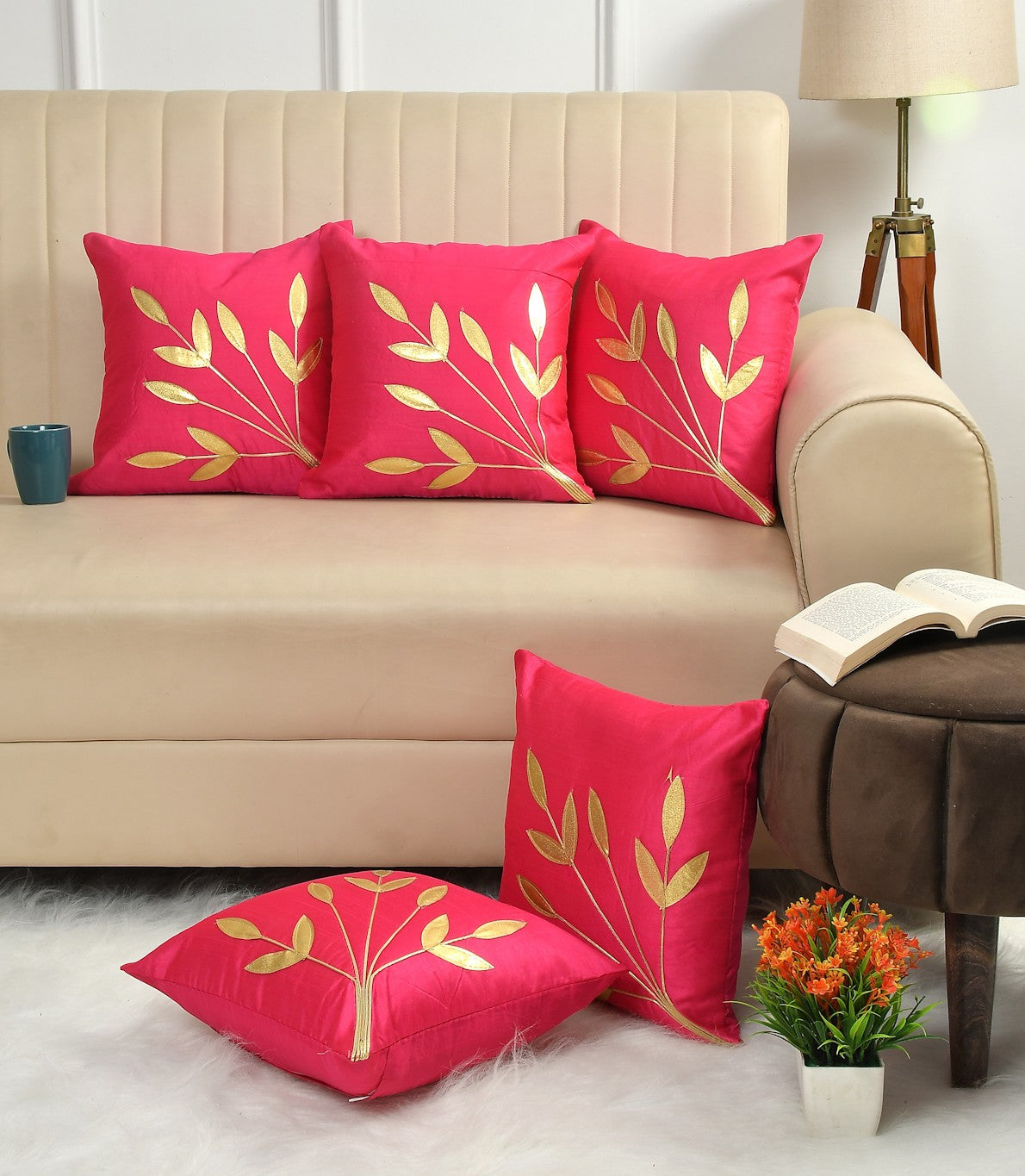 Decorative Golden Leaf Striped Pillow Cover For Bedroom & Living Room