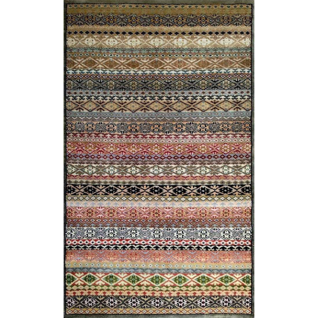 3×5 Feet Hand Knotted Zanjeera Wool Carpet Olive & Multi