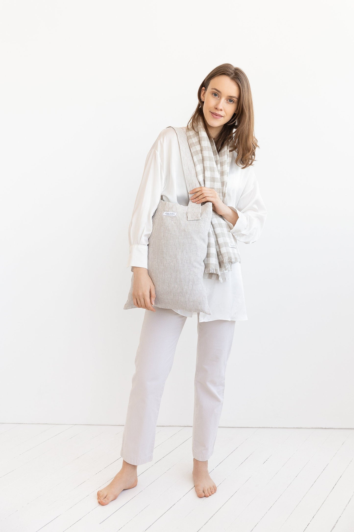 Striped Beige linen large tote bag