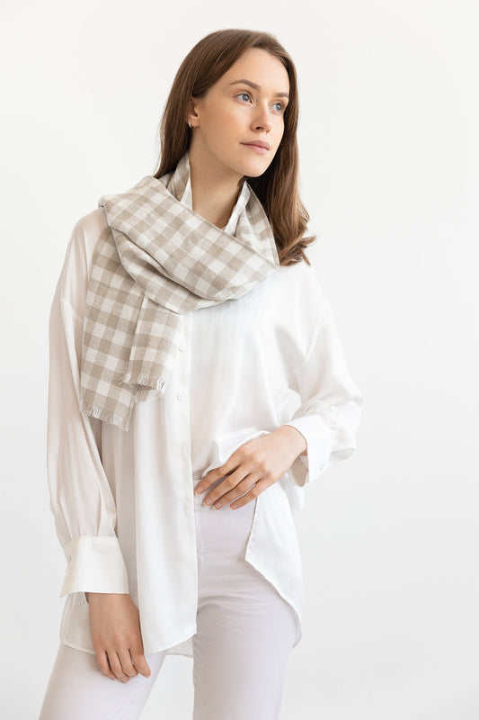 Natural and White Check linen scarf