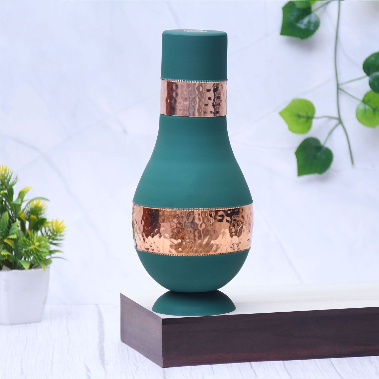 Pure Copper Silk Green Modern Surahi with Inbuilt Glass Capacity 1000