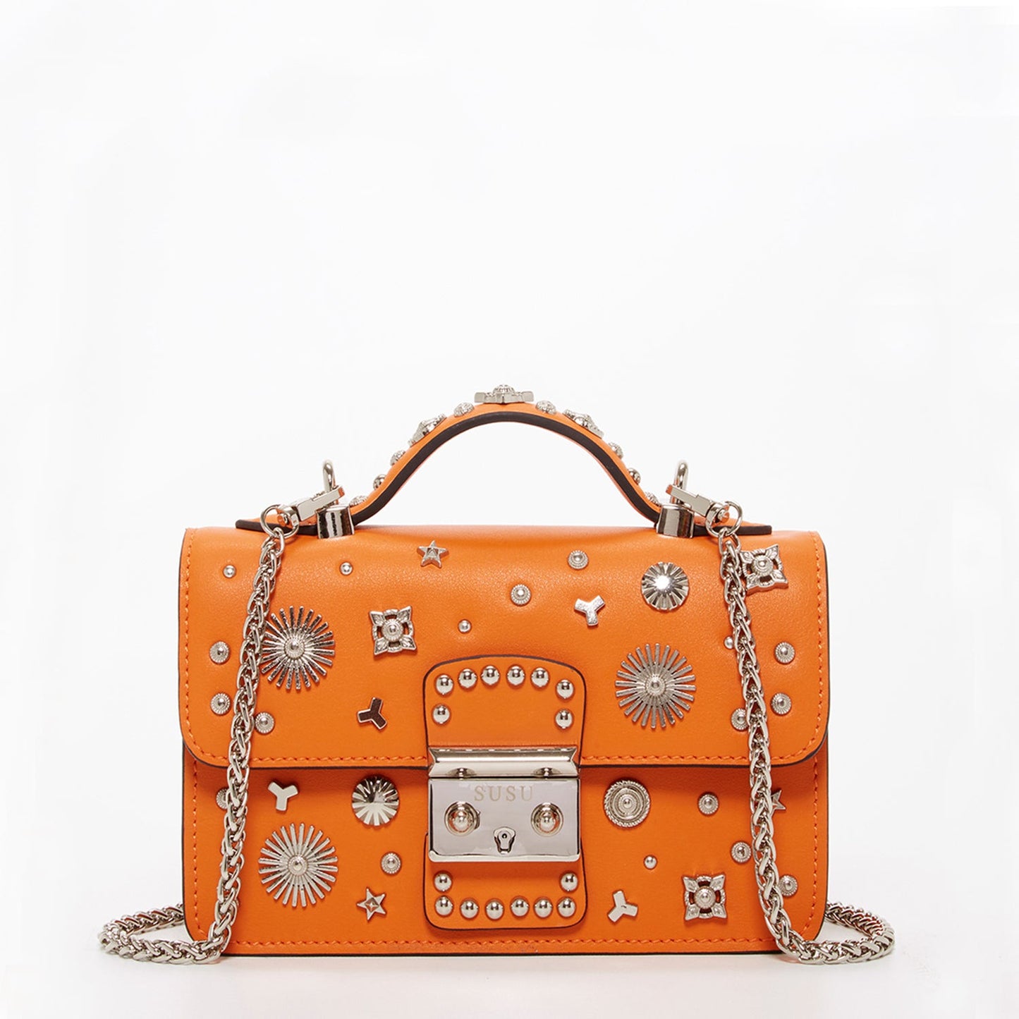 SUSU Studded Small Leather Crossbody Bag Orange Purse Cute Handbag