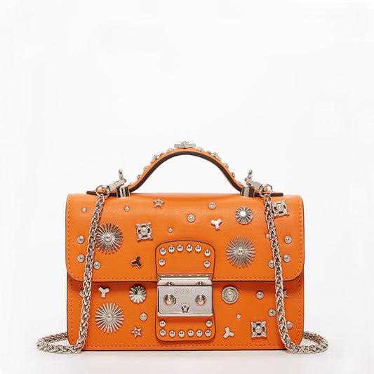SUSU Studded Small Leather Crossbody Bag Orange Purse Cute Handbag