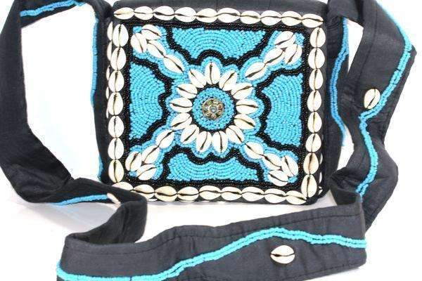 Turquoise Beach Vintage Cowrie Shell & Bead Work Cross Body Purse