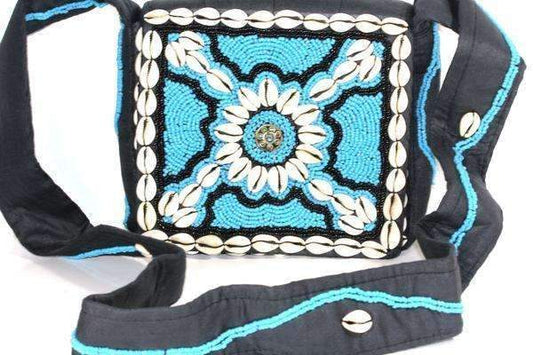 Turquoise Beach Vintage Cowrie Shell & Bead Work Cross Body Purse